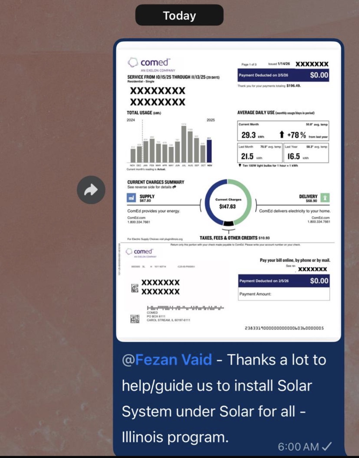 Customer ComEd bill after solar installation — October–November 2025 service period