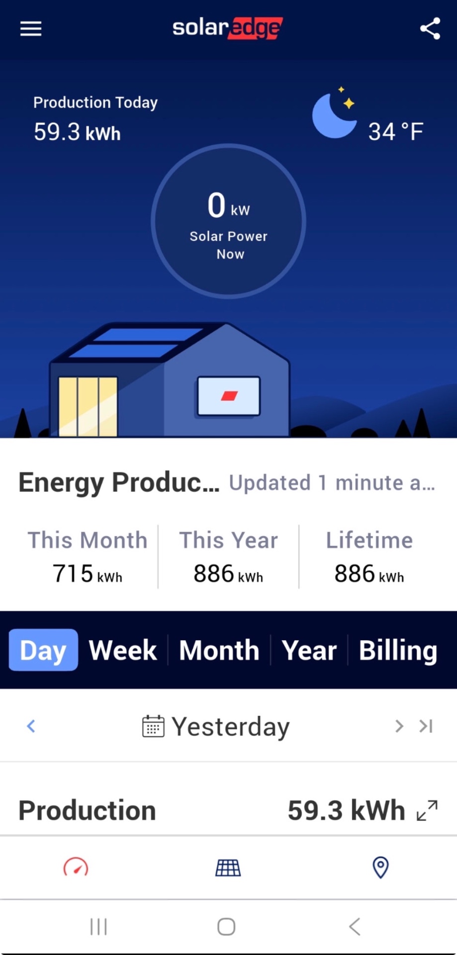 Solar monitoring app showing live system production